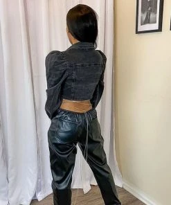 Trendy & Unique Unique Drawstring Tie Ruched Puff Sleeve Crop Denim Jacket - Black What's New