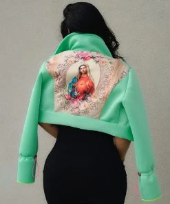 Trendy & Unique What's New Unique Floral Print Long Sleeve Button Up Collared Crop Coat - Green