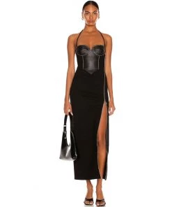 Trendy & Unique Unique Halter Zip Side Panel Leather Cocktail Midi Dress - Black What's New