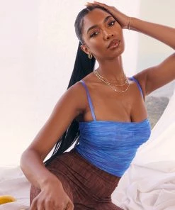 Trendy & Unique Unique High Cut Ruched Trim Mesh Thong Sheer Bodysuit - Blue What's New