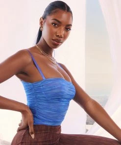 Trendy & Unique Unique High Cut Ruched Trim Mesh Thong Sheer Bodysuit - Blue What's New