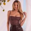 Trendy & Unique Unique High Cut Ruched Trim Mesh Thong Sheer Bodysuit - Coffee