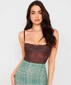 Trendy & Unique Unique High Cut Ruched Trim Mesh Thong Sheer Bodysuit - Coffee