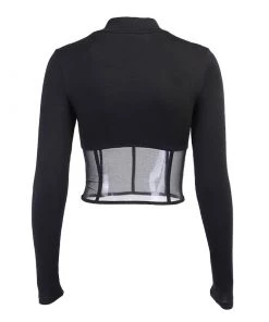 Trendy & Unique Unique High Neck Long Sleeve Mesh Panel Crop T-shirt - Black