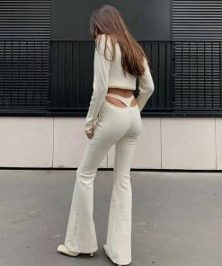 Trendy & Unique Unique High Waist Cutout Rib Knit Skinny Flare Pants - White What's New