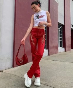 Trendy & Unique Unique High Waist Lace Up Cut Out High Waist Leather Pants - Red What's New