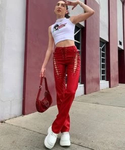 Trendy & Unique Unique High Waist Lace Up Cut Out High Waist Leather Pants - Red What's New