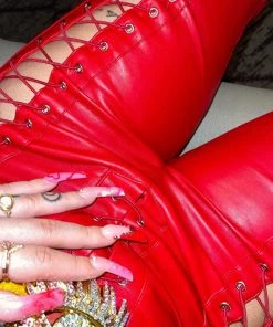 Trendy & Unique Unique High Waist Lace Up Cut Out High Waist Leather Pants - Red What's New