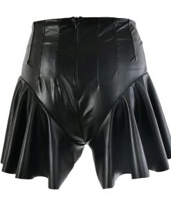Trendy & Unique What's New Unique High Waist Zip Back Ruffle Leg Leather Shorts - Black