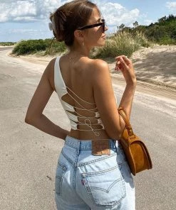 Trendy & Unique Unique Lace Up Backless One Shoulder Crop Tank Top - White What's New