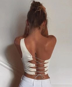 Trendy & Unique Unique Lace Up Backless One Shoulder Crop Tank Top - White What's New