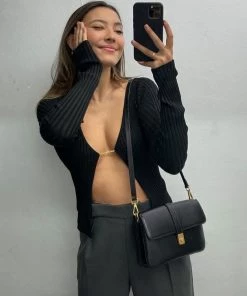 Trendy & Unique Unique Letter Chain Open Front Long Sleeve Ribbed Crop Cardigan - Black