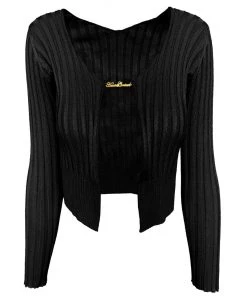 Trendy & Unique Unique Letter Chain Open Front Long Sleeve Ribbed Crop Cardigan - Black