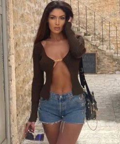 Trendy & Unique What's New Unique Letter Chain Open Front Long Sleeve Ribbed Crop Cardigan - Coffee