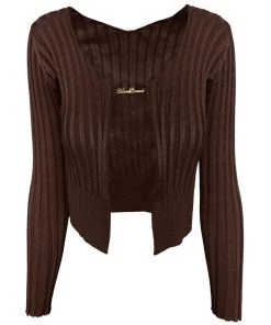 Trendy & Unique What's New Unique Letter Chain Open Front Long Sleeve Ribbed Crop Cardigan - Coffee