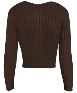 Trendy & Unique What's New Unique Letter Chain Open Front Long Sleeve Ribbed Crop Cardigan - Coffee