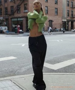 Trendy & Unique Unique Letter Chain Open Front Long Sleeve Ribbed Crop Cardigan - Green