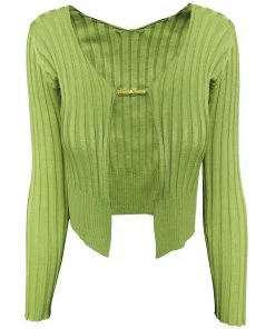 Trendy & Unique Unique Letter Chain Open Front Long Sleeve Ribbed Crop Cardigan - Green