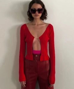 Trendy & Unique What's New Unique Letter Chain Open Front Long Sleeve Ribbed Crop Cardigan - Red
