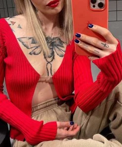 Trendy & Unique What's New Unique Letter Chain Open Front Long Sleeve Ribbed Crop Cardigan - Red 9 Trendy & Unique What's New Unique Letter Chain Open Front Long Sleeve Ribbed Crop Cardigan - Red