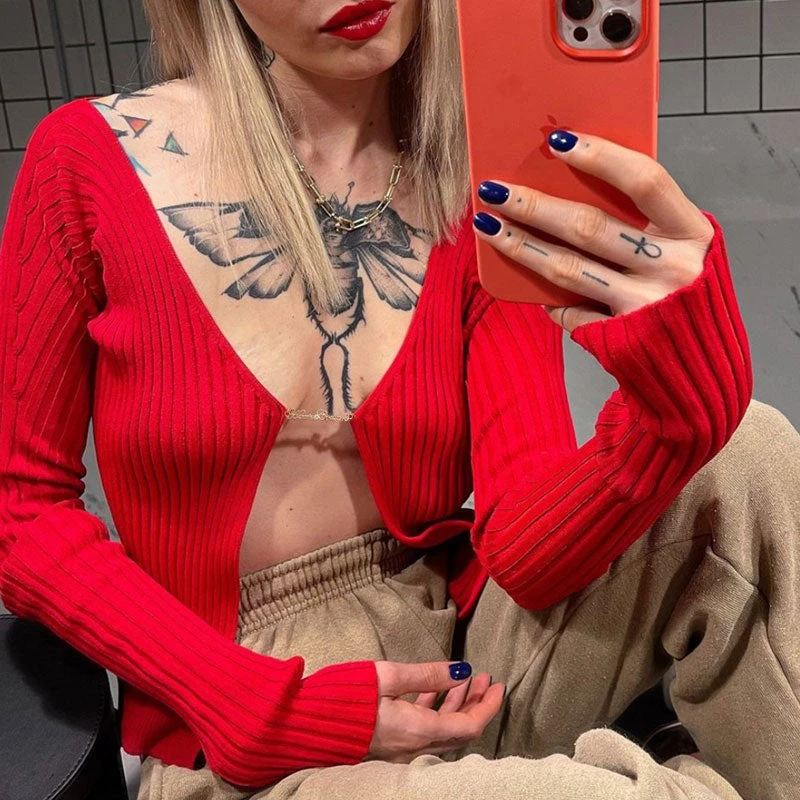 Trendy & Unique What's New Unique Letter Chain Open Front Long Sleeve Ribbed Crop Cardigan - Red 5 Trendy & Unique What's New Unique Letter Chain Open Front Long Sleeve Ribbed Crop Cardigan - Red