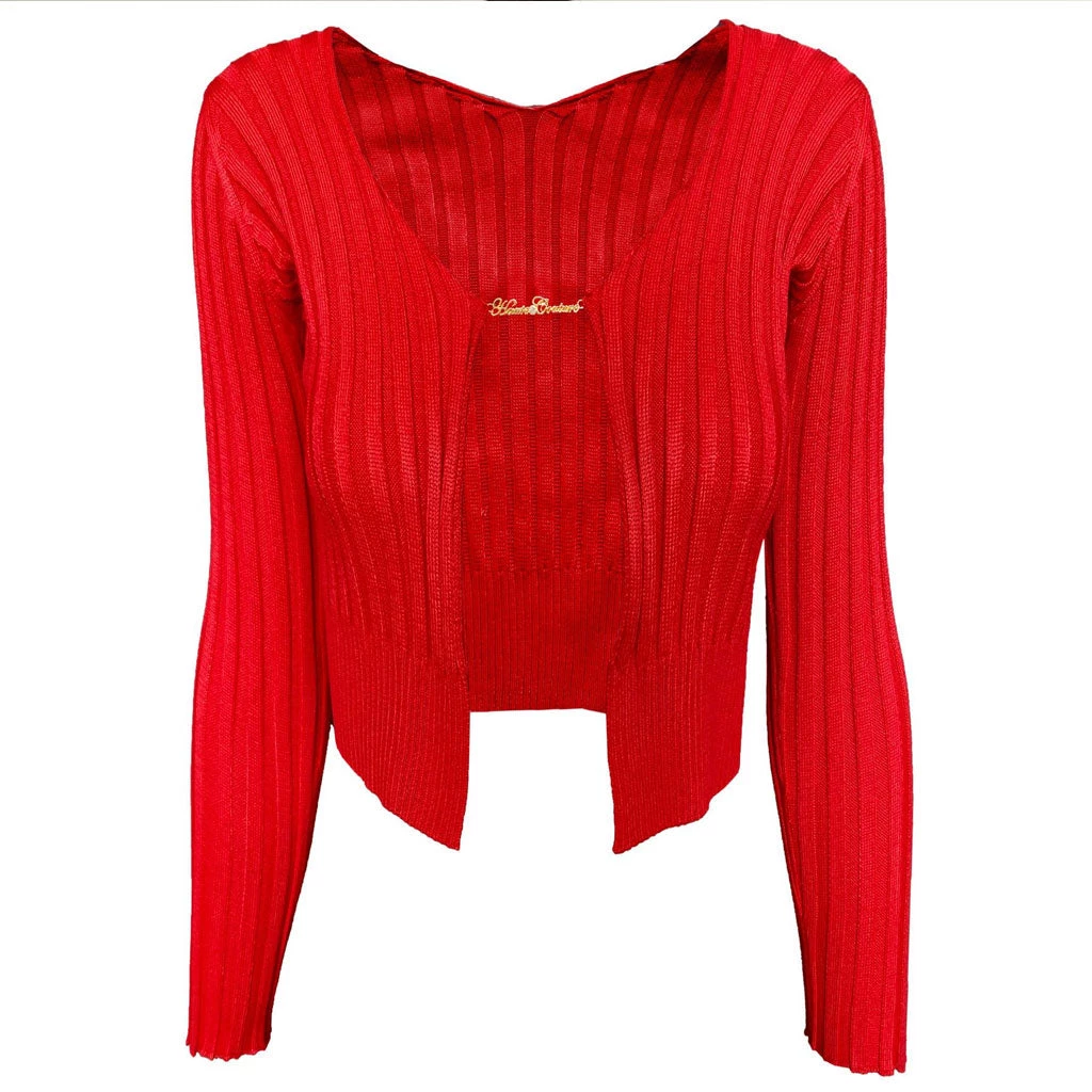 Trendy & Unique What's New Unique Letter Chain Open Front Long Sleeve Ribbed Crop Cardigan - Red 6 Trendy & Unique What's New Unique Letter Chain Open Front Long Sleeve Ribbed Crop Cardigan - Red