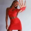 Trendy & Unique What's New Unique Long Sleeve Cut Out One Shoulder Skirt Matching Set - Red