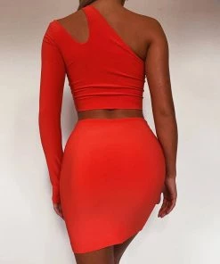 Trendy & Unique What's New Unique Long Sleeve Cut Out One Shoulder Skirt Matching Set - Red