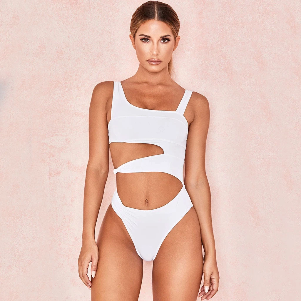 Trendy & Unique What's New Unique Neck Cut Out High Leg One Piece Swimsuit - White 3 Trendy & Unique What's New Unique Neck Cut Out High Leg One Piece Swimsuit - White