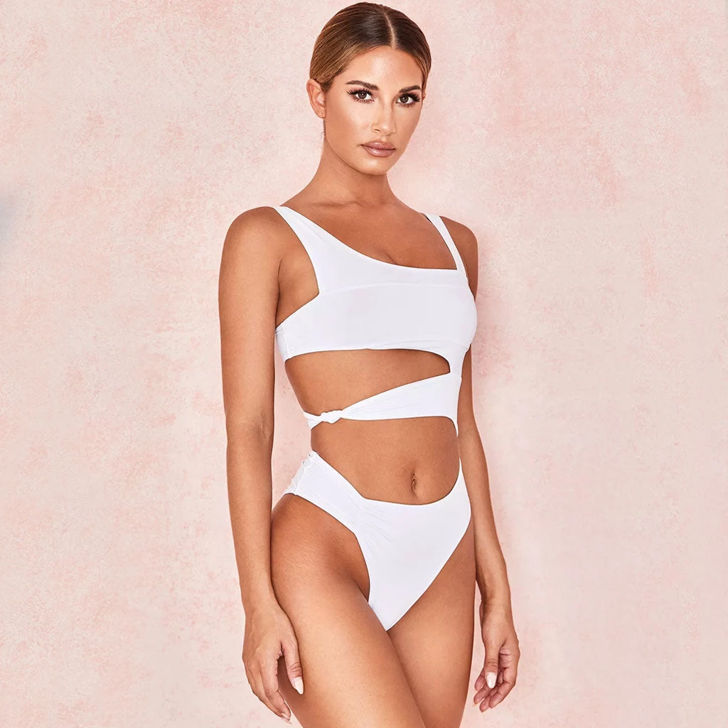 Trendy & Unique What's New Unique Neck Cut Out High Leg One Piece Swimsuit - White 4 Trendy & Unique What's New Unique Neck Cut Out High Leg One Piece Swimsuit - White