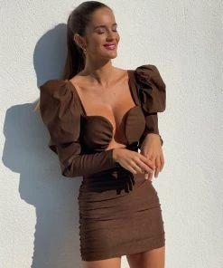 Trendy & Unique What's New Unique Notch Front Puff Sleeve Ruched Party Mini Dress - Chocolate