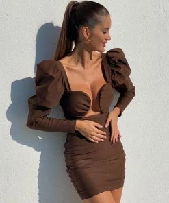 Trendy & Unique What's New Unique Notch Front Puff Sleeve Ruched Party Mini Dress - Chocolate