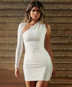 Trendy & Unique What's New Unique One Shoulder Long Sleeve Bodycon Party Mini Dress - White