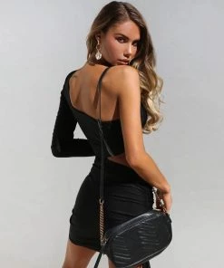 Trendy & Unique What's New Unique One Shoulder Long Sleeve Cut Out Drawstring Mini Dress - Black