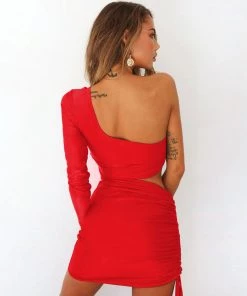 Trendy & Unique Unique One Shoulder Long Sleeve Cut Out Drawstring Mini Dress - Red