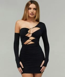 Trendy & Unique What's New Unique One Shoulder Long Sleeve Ruched Cut Out Mini Dress - Black