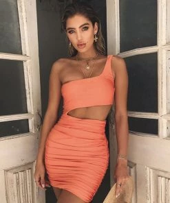 Trendy & Unique Unique One Shoulder Sleeveless Cut Out Ruched Mini Dress - Burnt Orange What's New