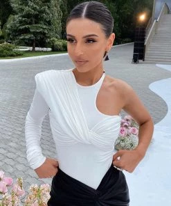 Trendy & Unique Unique One Shoulder Twist Front Long Sleeve Bodysuit - White