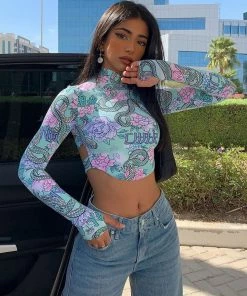 Trendy & Unique Unique Printed High Neck Long Sleeve Cut Out Crop T-Shirt - Green