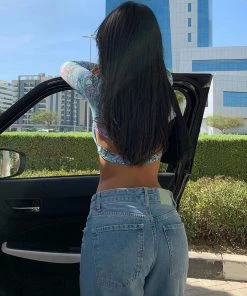 Trendy & Unique Unique Printed High Neck Long Sleeve Cut Out Crop T-Shirt - Green