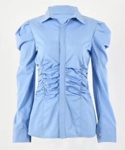 Trendy & Unique What's New Unique Puff Sleeve Collared Button Down Ruched Shirt - Blue