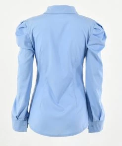 Trendy & Unique What's New Unique Puff Sleeve Collared Button Down Ruched Shirt - Blue