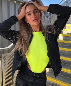Trendy & Unique Unique Rib High Cut Sleeveless Halter Thong Bodysuit - Neon Green What's New