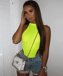 Trendy & Unique Unique Rib High Cut Sleeveless Halter Thong Bodysuit - Neon Green What's New