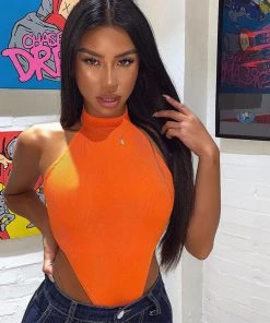 Trendy & Unique What's New Unique Rib High Cut Sleeveless Halter Thong Bodysuit - Orange