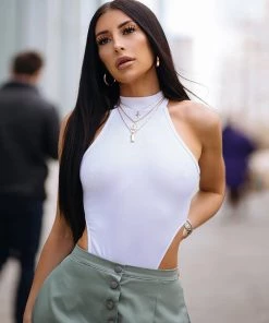 Trendy & Unique Unique Rib High Cut Sleeveless Halter Thong Bodysuit - White What's New