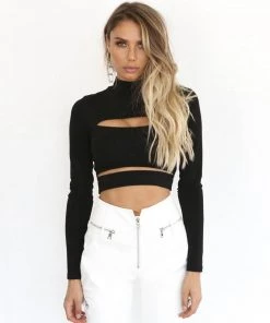Trendy & Unique What's New Unique Solid Turtleneck Cut Out Long Sleeve Crop T-Shirt - Black