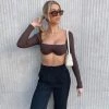 Trendy & Unique What's New Unique Square Neck Bralette Long Sleeve Crop T-Shirt - Coffee