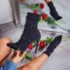 Trendy & Unique What's New Unique Studs Strap Pointed Toe Stiletto Heel Mid Calf Boots - Black