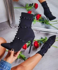 Trendy & Unique What's New Unique Studs Strap Pointed Toe Stiletto Heel Mid Calf Boots - Black